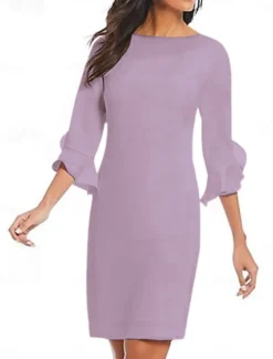 Sheath Cocktail Dresses Minimalist Dress Cocktail Party Knee Length 3/4 Length Sleeve Jewel Neck Fall Wedding Guest Chiffon with Ruffles Dresses
