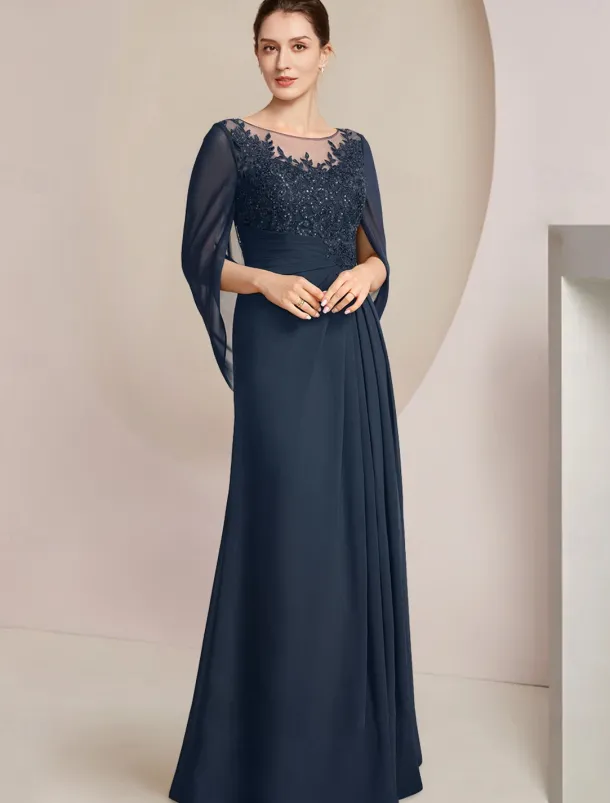 Sheath Dress Mother of the Bride Dress Elegant Jewel Neck Floor Length Chiffon Half Sleeve with Lace Side-Draped Solid Color free custom size