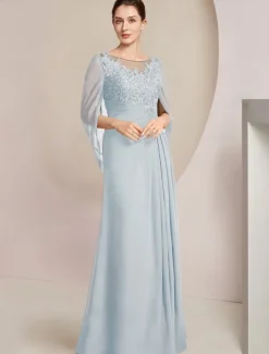 Sheath Dress Mother of the Bride Dress Elegant Jewel Neck Floor Length Chiffon Half Sleeve with Lace Side-Draped Solid Color free custom size