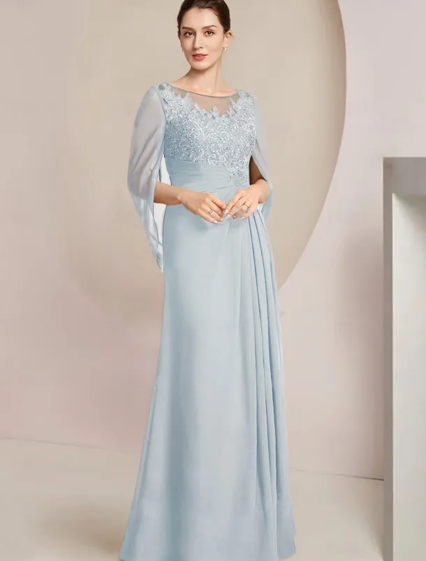 Sheath Dress Mother of the Bride Dress Elegant Jewel Neck Floor Length Chiffon Half Sleeve with Lace Side-Draped Solid Color free custom size
