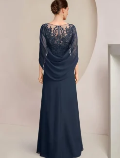 Sheath Dress Mother of the Bride Dress Elegant Jewel Neck Floor Length Chiffon Half Sleeve with Lace Side-Draped Solid Color free custom size