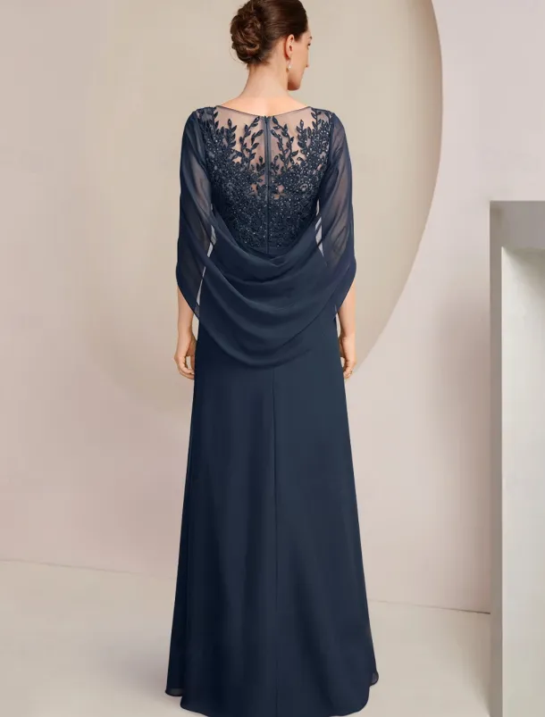 Sheath Dress Mother of the Bride Dress Elegant Jewel Neck Floor Length Chiffon Half Sleeve with Lace Side-Draped Solid Color free custom size
