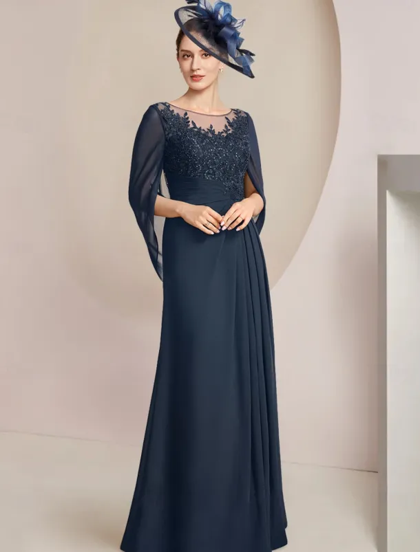 Sheath Dress Mother of the Bride Dress Elegant Jewel Neck Floor Length Chiffon Half Sleeve with Lace Side-Draped Solid Color free custom size