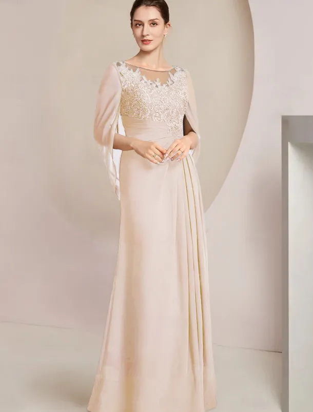 Sheath Dress Mother of the Bride Dress Elegant Jewel Neck Floor Length Chiffon Half Sleeve with Lace Side-Draped Solid Color free custom size