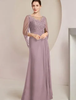 Sheath Dress Mother of the Bride Dress Elegant Jewel Neck Floor Length Chiffon Half Sleeve with Lace Side-Draped Solid Color free custom size