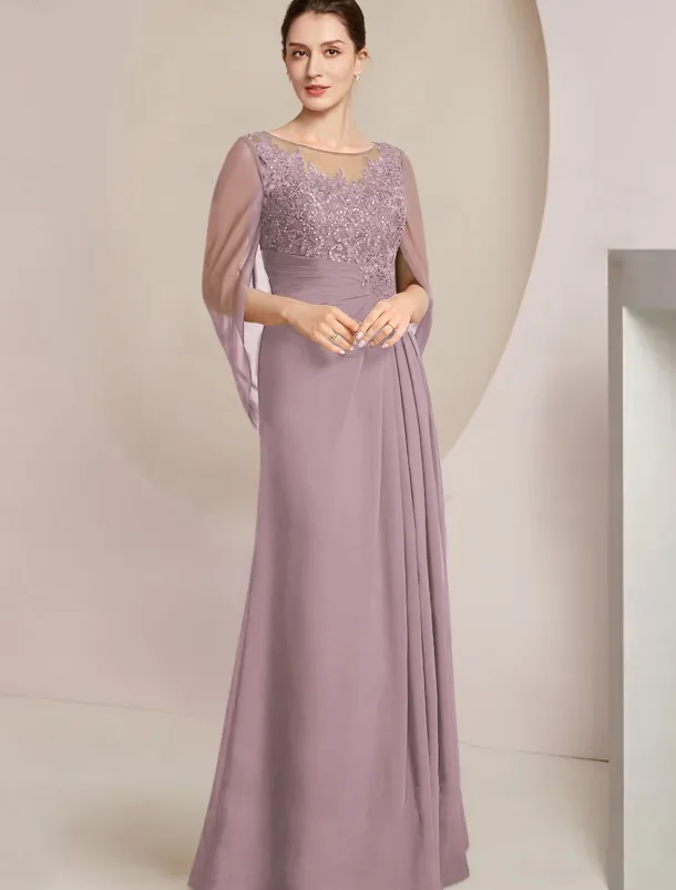 Sheath Dress Mother of the Bride Dress Elegant Jewel Neck Floor Length Chiffon Half Sleeve with Lace Side-Draped Solid Color free custom size