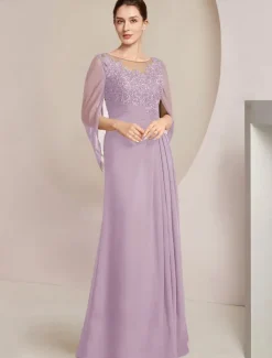 Sheath Dress Mother of the Bride Dress Elegant Jewel Neck Floor Length Chiffon Half Sleeve with Lace Side-Draped Solid Color free custom size