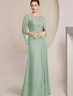 Sheath Dress Mother of the Bride Dress Elegant Jewel Neck Floor Length Chiffon Half Sleeve with Lace Side-Draped Solid Color free custom size