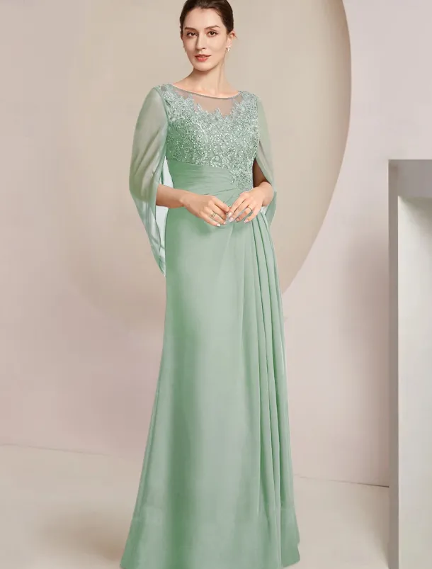 Sheath Dress Mother of the Bride Dress Elegant Jewel Neck Floor Length Chiffon Half Sleeve with Lace Side-Draped Solid Color free custom size