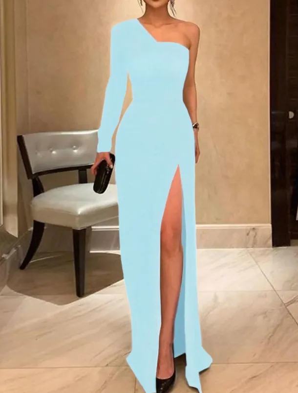 Sheath Evening Gown Elegant Dress Prom Formal Evening Floor Length Long Sleeve One Shoulder Fall Wedding Guest Stretch Fabric with Sleek Slit Pure Color Masquerade Dress