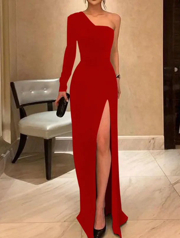 Sheath Evening Gown Elegant Dress Prom Formal Evening Floor Length Long Sleeve One Shoulder Fall Wedding Guest Stretch Fabric with Sleek Slit Pure Color Masquerade Dress