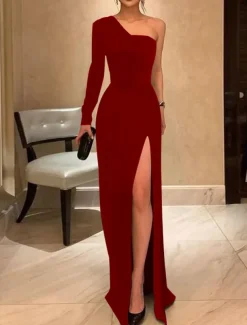 Sheath Evening Gown Elegant Dress Prom Formal Evening Floor Length Long Sleeve One Shoulder Fall Wedding Guest Stretch Fabric with Sleek Slit Pure Color Masquerade Dress