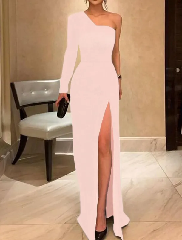 Sheath Evening Gown Elegant Dress Prom Formal Evening Floor Length Long Sleeve One Shoulder Fall Wedding Guest Stretch Fabric with Sleek Slit Pure Color Masquerade Dress
