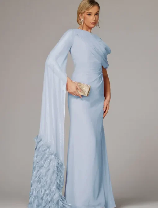 Sheath Evening Gown Elegant Dress Formal Fall Sweep / Brush Train Sleeveless Cowl Neck Chiffon with Feather Ruched Slit