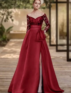 Sheath Evening Gown High Split Dress Formal Wedding Guest Sweep / Brush Train 3/4 Length Sleeve Off Shoulder Charmeuse with Bow(s) Sequin Slit
