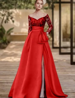 Sheath Evening Gown High Split Dress Formal Wedding Guest Sweep / Brush Train 3/4 Length Sleeve Off Shoulder Charmeuse with Bow(s) Sequin Slit