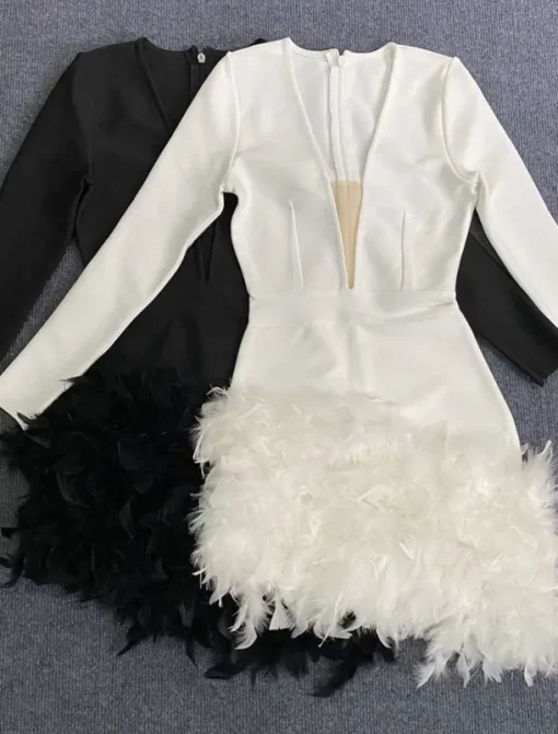 Sheath Homecoming Dresses Elegant Dress Holiday Homecoming Short / Mini Long Sleeve V Neck Polyester with Feather dress to impress