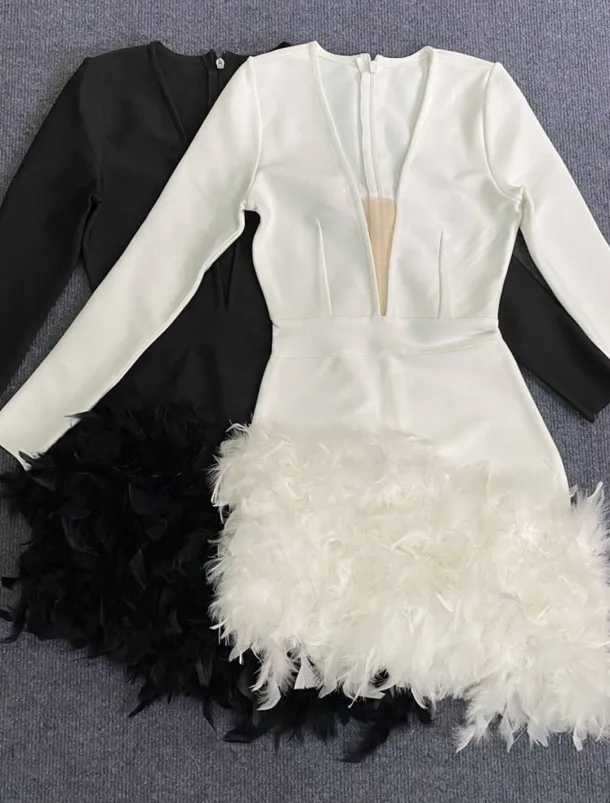 Sheath Homecoming Dresses Elegant Dress Holiday Homecoming Short / Mini Long Sleeve V Neck Polyester with Feather dress to impress