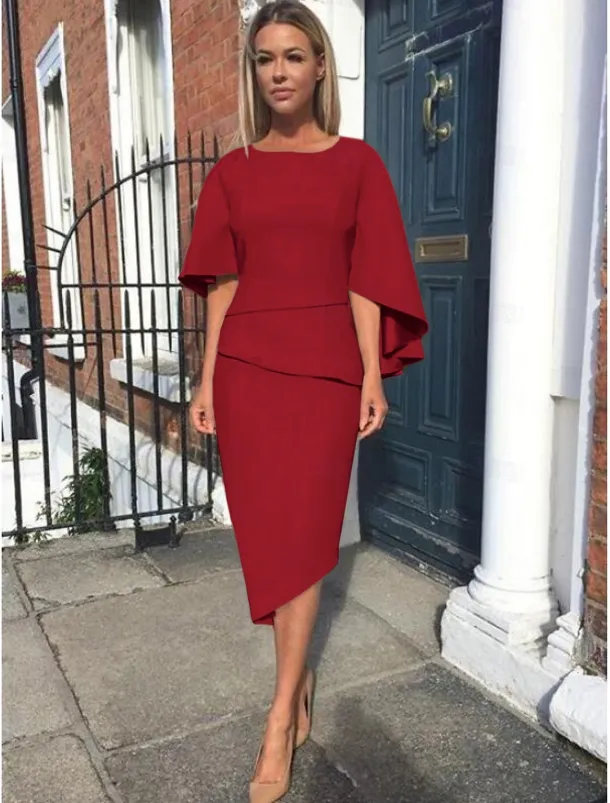 Sheath Mother of the Bride Dress Wedding Guest Elegant Simple Plus Size Jewel Neck Asymmetrical Knee Length Charmeuse Half Sleeve with Tier free custom size