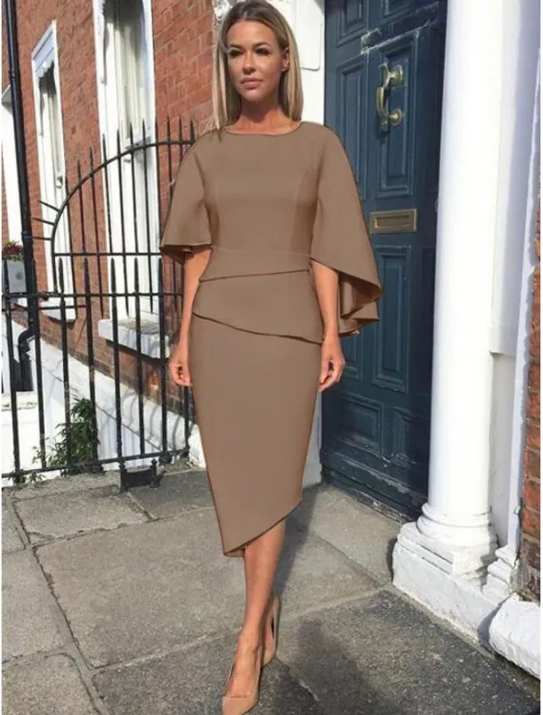 Sheath Mother of the Bride Dress Wedding Guest Elegant Simple Plus Size Jewel Neck Asymmetrical Knee Length Charmeuse Half Sleeve with Tier free custom size