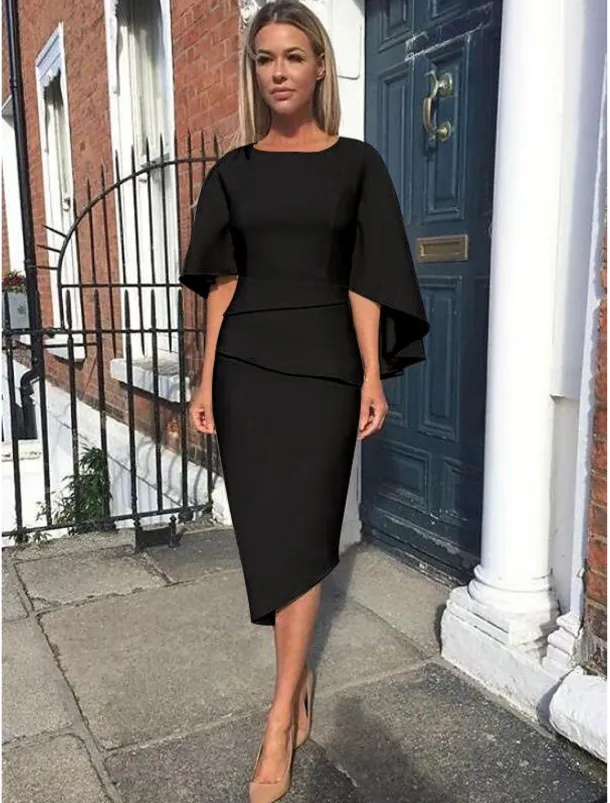 Sheath Mother of the Bride Dress Wedding Guest Elegant Simple Plus Size Jewel Neck Asymmetrical Knee Length Charmeuse Half Sleeve with Tier free custom size