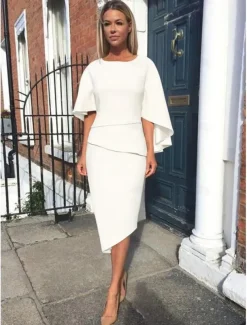 Sheath Mother of the Bride Dress Wedding Guest Elegant Simple Plus Size Jewel Neck Asymmetrical Knee Length Charmeuse Half Sleeve with Tier free custom size