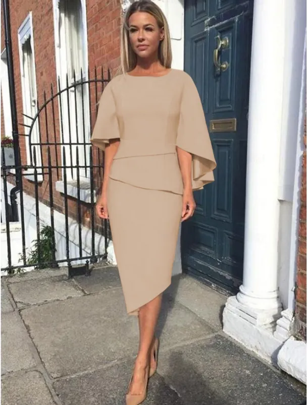 Sheath Mother of the Bride Dress Wedding Guest Elegant Simple Plus Size Jewel Neck Asymmetrical Knee Length Charmeuse Half Sleeve with Tier free custom size