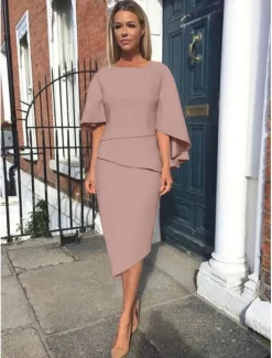 Sheath Mother of the Bride Dress Wedding Guest Elegant Simple Plus Size Jewel Neck Asymmetrical Knee Length Charmeuse Half Sleeve with Tier free custom size