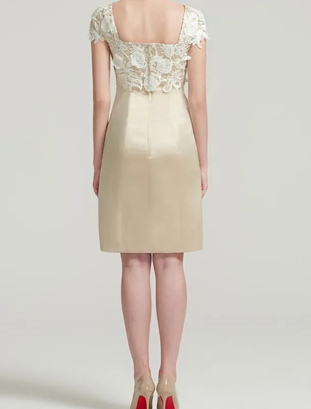 Sheath Mother of the Bride Dress Elegant Plus Size Square Neck Knee Length Satin Lace Short Sleeve Wrap Included Jacket Dresses with Pleats Appliques Race Day Dress