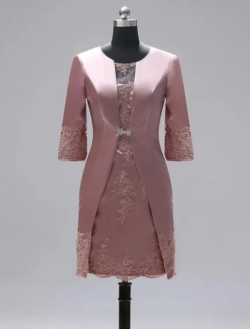 Sheath Mother of the Bride Dress Two Piece Wedding Guest Vintage Plus Size Jewel Neck Knee Length Satin Lace 3/4 Length Sleeve Jacket Dresses With Appliques