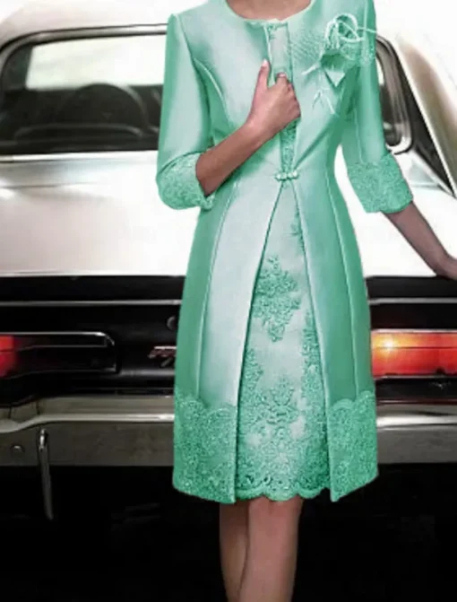 Sheath Mother of the Bride Dress Two Piece Wedding Guest Vintage Plus Size Jewel Neck Knee Length Satin Lace 3/4 Length Sleeve Jacket Dresses With Appliques