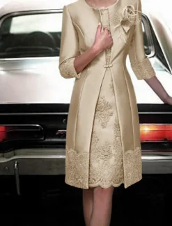 Sheath Mother of the Bride Dress Two Piece Wedding Guest Vintage Plus Size Jewel Neck Knee Length Satin Lace 3/4 Length Sleeve Jacket Dresses With Appliques