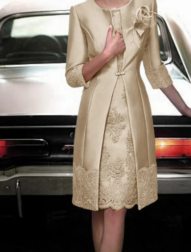Sheath Mother of the Bride Dress Two Piece Wedding Guest Vintage Plus Size Jewel Neck Knee Length Satin Lace 3/4 Length Sleeve Jacket Dresses With Appliques