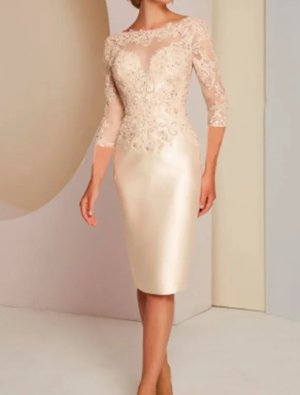 Sheath Mother of the Bride Dress Wedding Guest Elegant Jewel Neck Knee Length Charmeuse 3/4 Length Sleeve with Appliques Race Day Dress free custom size
