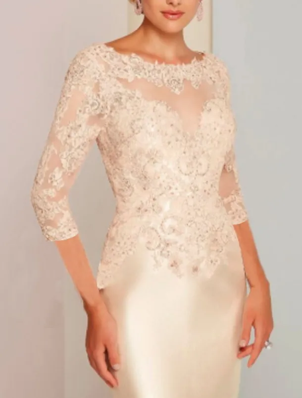 Sheath Mother of the Bride Dress Wedding Guest Elegant Jewel Neck Knee Length Charmeuse 3/4 Length Sleeve with Appliques Race Day Dress free custom size