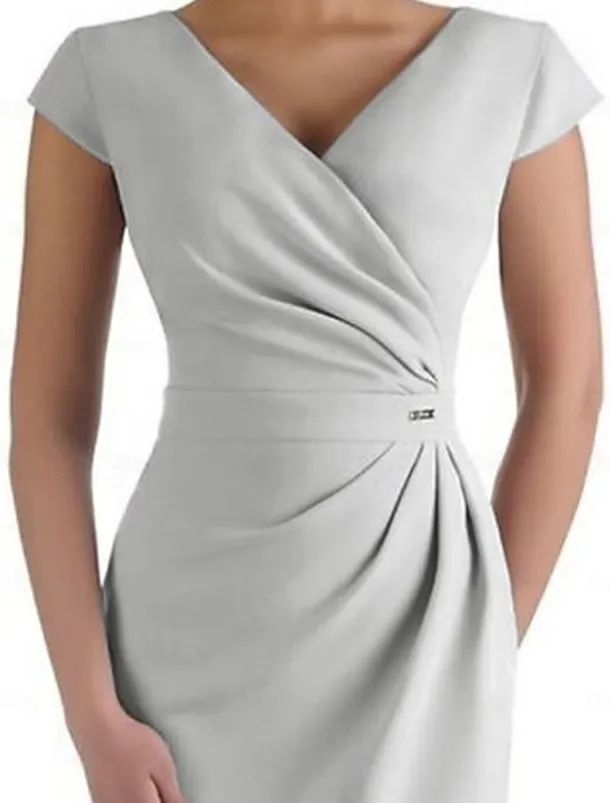 Sheath Mother of the Bride Dress Wedding Guest Elegant V Neck Knee Length Stretch Fabric Short Sleeve with Ruched free custom size