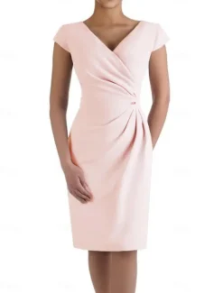 Sheath Mother of the Bride Dress Wedding Guest Elegant V Neck Knee Length Stretch Fabric Short Sleeve with Ruched free custom size