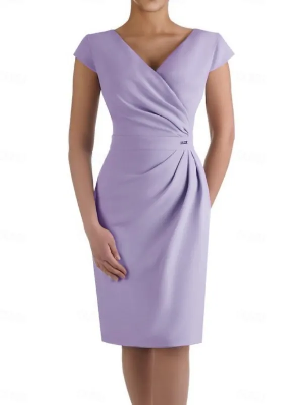 Sheath Mother of the Bride Dress Wedding Guest Elegant V Neck Knee Length Stretch Fabric Short Sleeve with Ruched free custom size