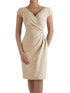 Sheath Mother of the Bride Dress Wedding Guest Elegant V Neck Knee Length Stretch Fabric Short Sleeve with Ruched free custom size