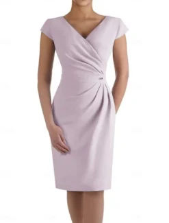 Sheath Mother of the Bride Dress Wedding Guest Elegant V Neck Knee Length Stretch Fabric Short Sleeve with Ruched free custom size