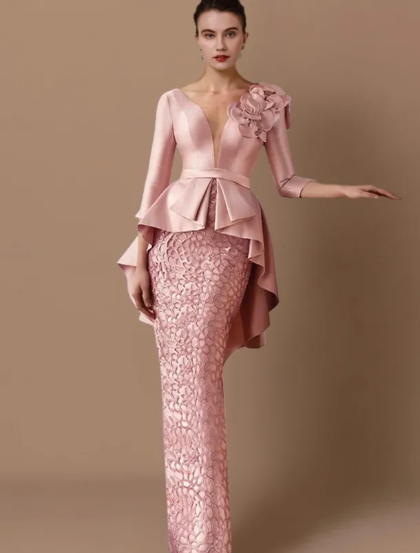 Sheath Mother of the Bride Dress Wedding Guest Elegant Party V Neck Floor Length Satin Lace 3/4 Length Sleeve with Appliques Cascading Ruffles Flower free custom size