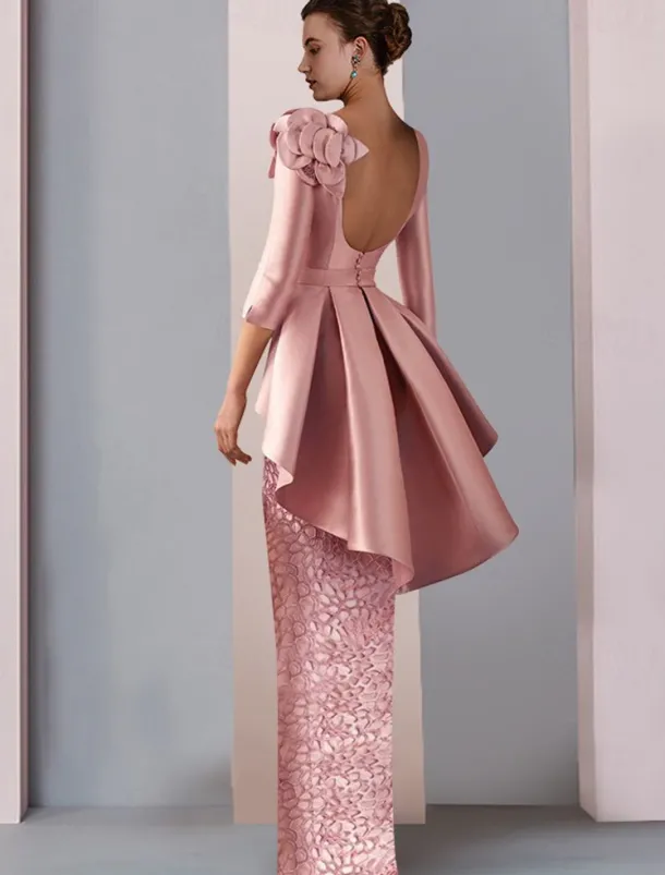 Sheath Mother of the Bride Dress Wedding Guest Elegant Party V Neck Floor Length Satin Lace 3/4 Length Sleeve with Appliques Cascading Ruffles Flower free custom size