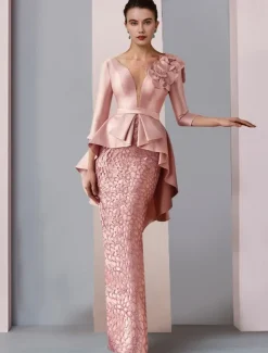 Sheath Mother of the Bride Dress Wedding Guest Elegant Party V Neck Floor Length Satin Lace 3/4 Length Sleeve with Appliques Cascading Ruffles Flower free custom size