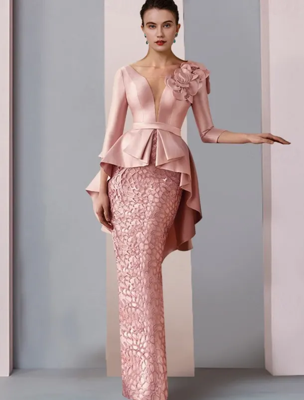 Sheath Mother of the Bride Dress Wedding Guest Elegant Party V Neck Floor Length Satin Lace 3/4 Length Sleeve with Appliques Cascading Ruffles Flower free custom size