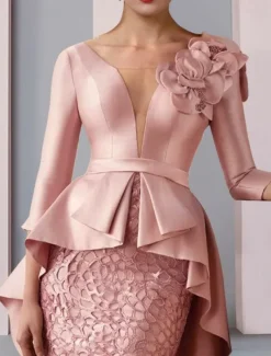 Sheath Mother of the Bride Dress Wedding Guest Elegant Party V Neck Floor Length Satin Lace 3/4 Length Sleeve with Appliques Cascading Ruffles Flower free custom size