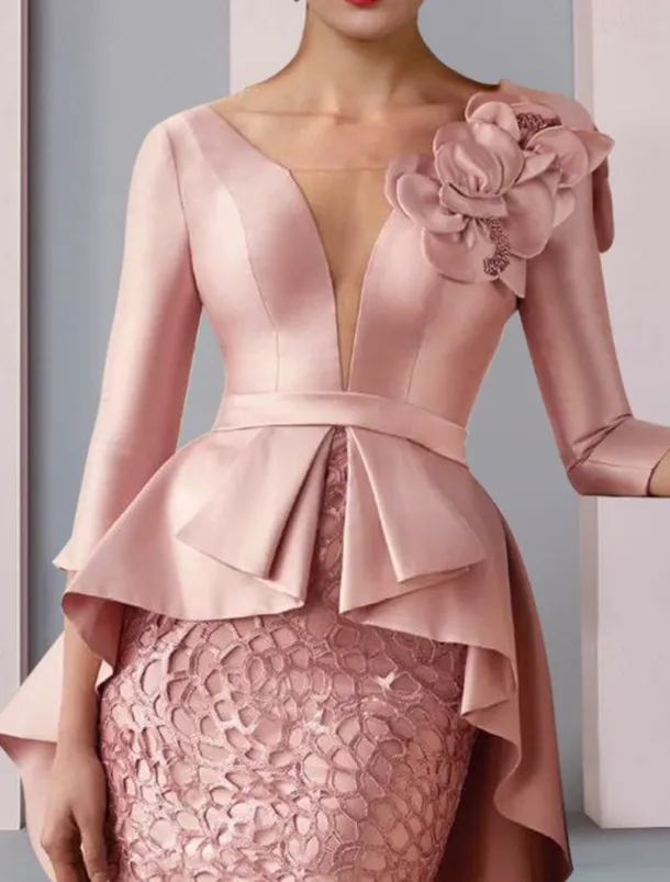 Sheath Mother of the Bride Dress Wedding Guest Elegant Party V Neck Floor Length Satin Lace 3/4 Length Sleeve with Appliques Cascading Ruffles Flower free custom size