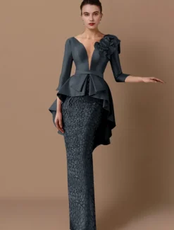 Sheath Mother of the Bride Dress Wedding Guest Elegant Party V Neck Floor Length Satin Lace 3/4 Length Sleeve with Appliques Cascading Ruffles Flower free custom size