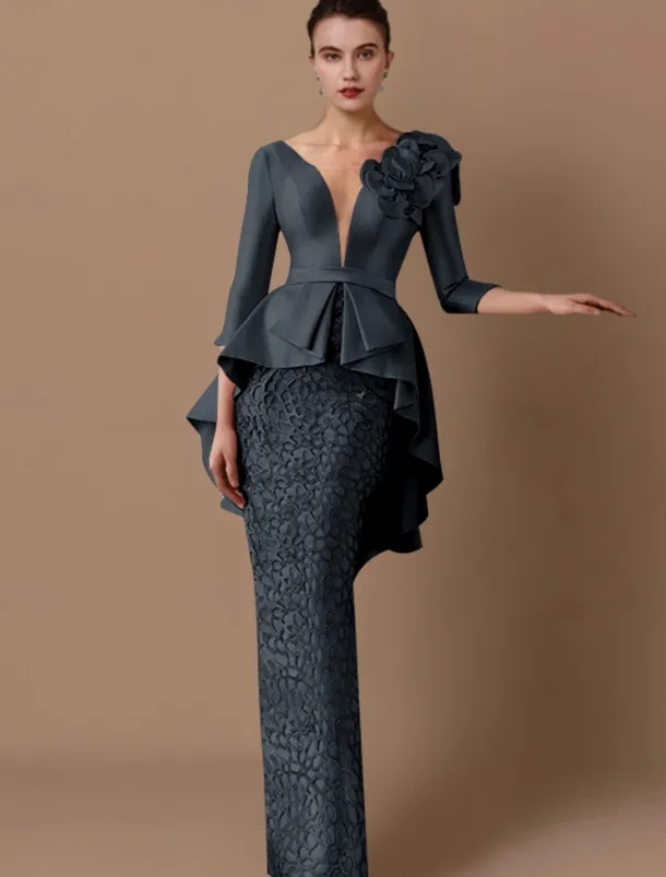 Sheath Mother of the Bride Dress Wedding Guest Elegant Party V Neck Floor Length Satin Lace 3/4 Length Sleeve with Appliques Cascading Ruffles Flower free custom size