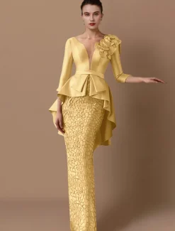 Sheath Mother of the Bride Dress Wedding Guest Elegant Party V Neck Floor Length Satin Lace 3/4 Length Sleeve with Appliques Cascading Ruffles Flower free custom size