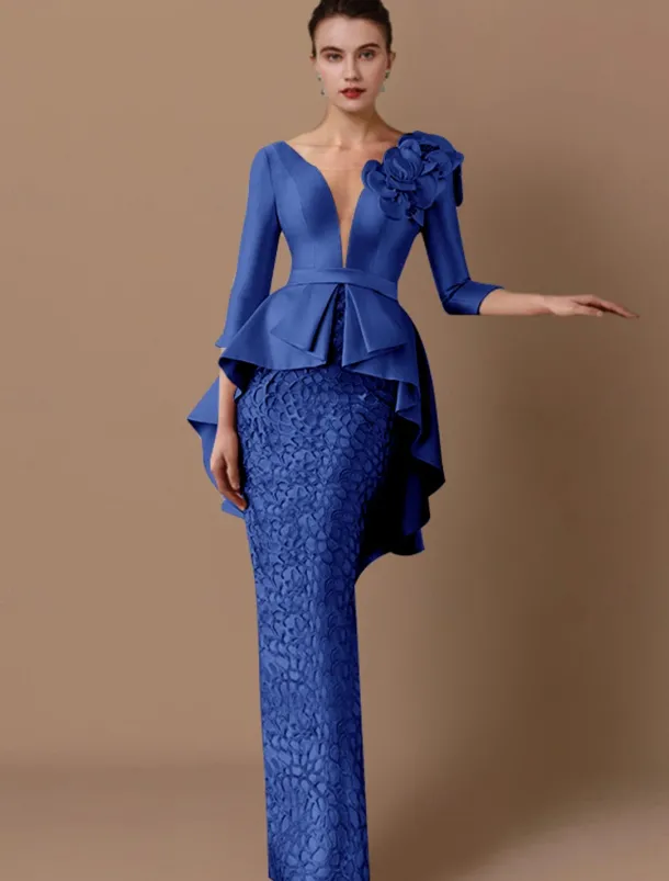 Sheath Mother of the Bride Dress Wedding Guest Elegant Party V Neck Floor Length Satin Lace 3/4 Length Sleeve with Appliques Cascading Ruffles Flower free custom size